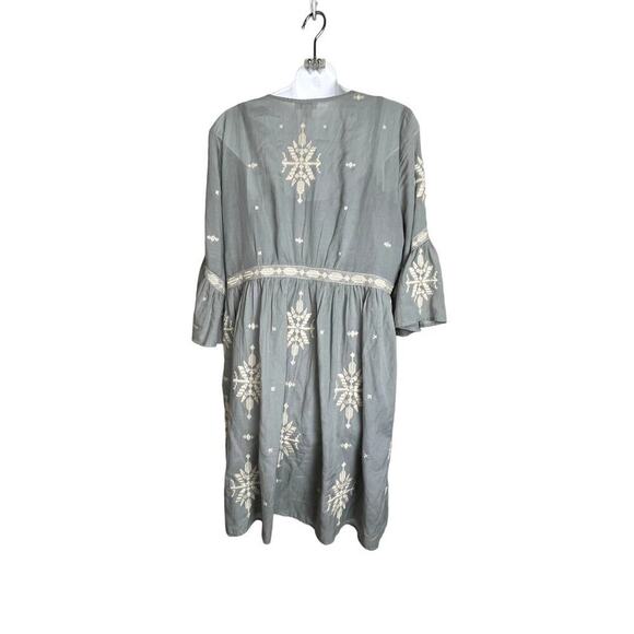 Sundance Embroidered Babydoll Boho Dress M Sage Beige Festival Bell Sleeve Slip - Picture 5 of 9